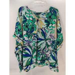 Liz‎ Claiborne 1X Floral Print Career Woman Kimono Top Green Blue Yellow